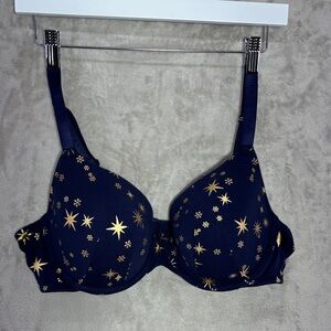 Cacique Underwire Lightly Lined T-shirt Bra in Navy w Gold Star & Snowflake 40C